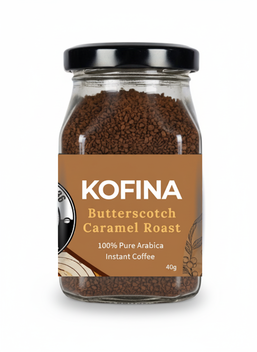 Kofina Butterscotch Caramel Roast – premium instant coffee with smooth caramel and buttery sweetness, made from 100% Arabica beans.