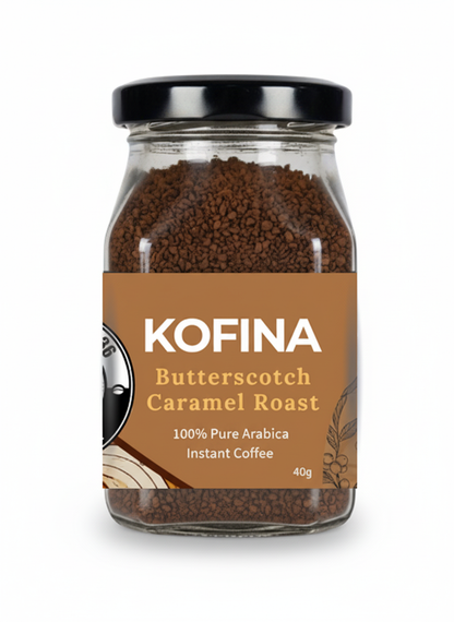 Kofina Butterscotch Caramel Roast – premium instant coffee with smooth caramel and buttery sweetness, made from 100% Arabica beans.