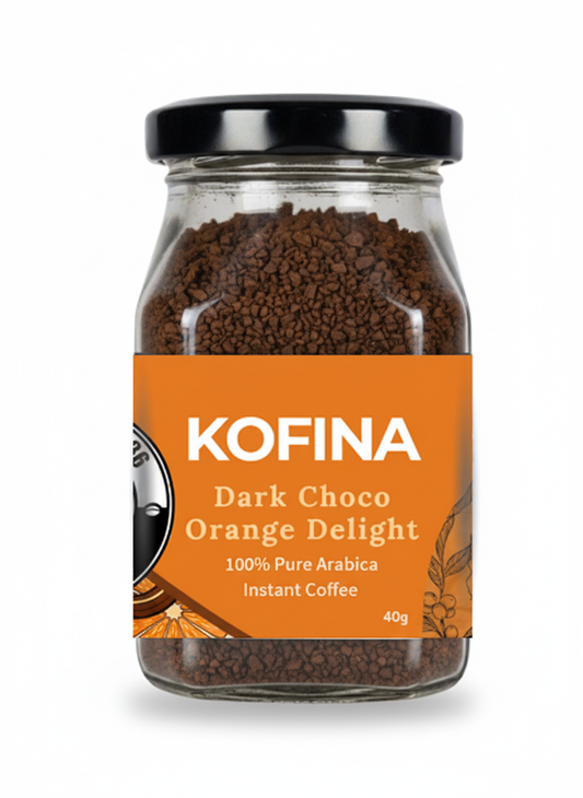 Kofina Dark Choco Orange Delight – premium instant coffee infused with rich dark chocolate and zesty orange notes, made from 100% Arabica beans.