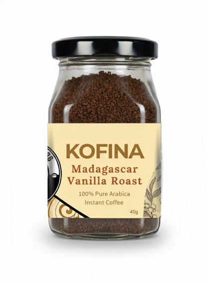 Kofina Madagascar Vanilla Roast – premium instant coffee with rich vanilla flavour, smooth Arabica blend for a luxurious café-style experience.