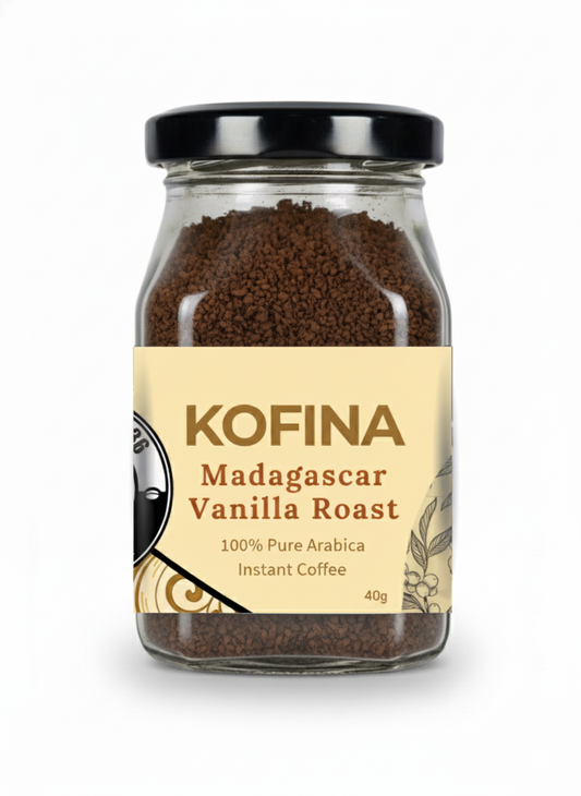 Kofina Madagascar Vanilla Roast – premium instant coffee with rich vanilla flavour, smooth Arabica blend for a luxurious café-style experience.