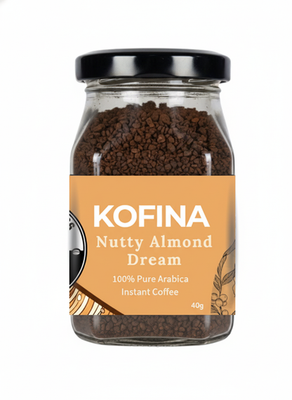 Kofina Nutty Almond Dream – rich instant coffee blended with roasted almond flavour, smooth Arabica coffee for a creamy, nutty café-style experience.